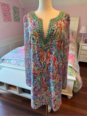 Lilly Pulitzer Multicolor Long Sleeve Silk Beaded Tunic Dress - Turquoise Accent